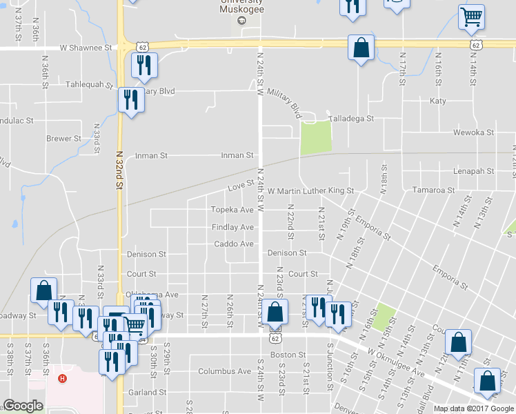 map of restaurants, bars, coffee shops, grocery stores, and more near 2414 Topeka Street in Muskogee