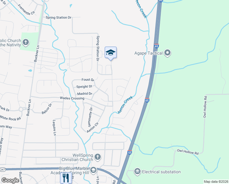 map of restaurants, bars, coffee shops, grocery stores, and more near 1002 Foust Court in Spring Hill