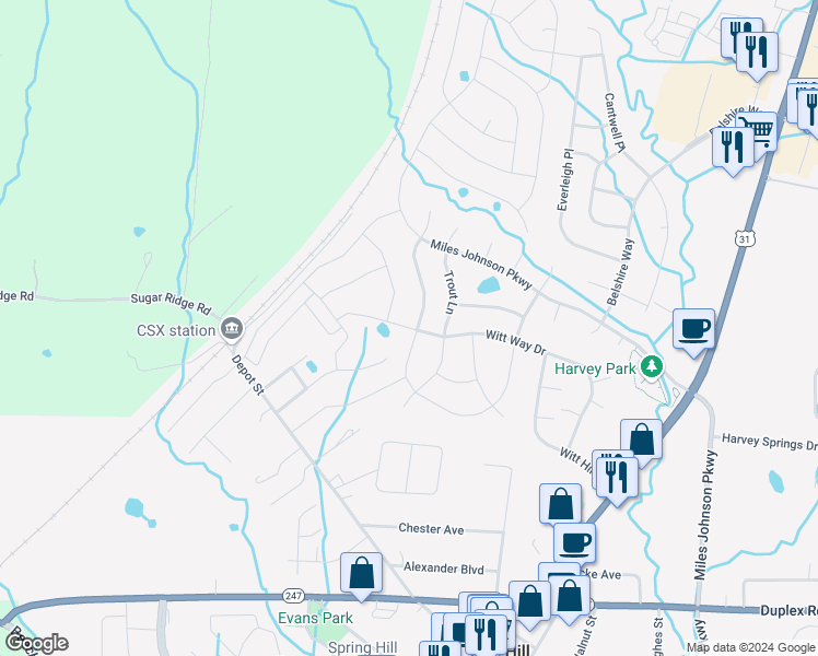 map of restaurants, bars, coffee shops, grocery stores, and more near 1812 Witt Way Drive in Spring Hill