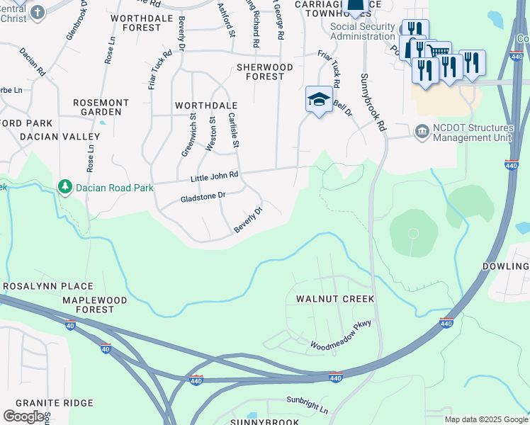 map of restaurants, bars, coffee shops, grocery stores, and more near 1436 Beverly Drive in Raleigh