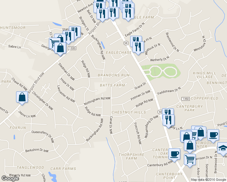 map of restaurants, bars, coffee shops, grocery stores, and more near 2804 Canal Drive Northwest in Wilson