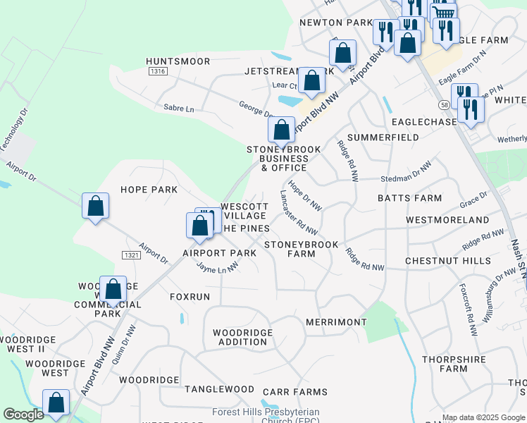 map of restaurants, bars, coffee shops, grocery stores, and more near 3524 Wescott Drive Northwest in Wilson