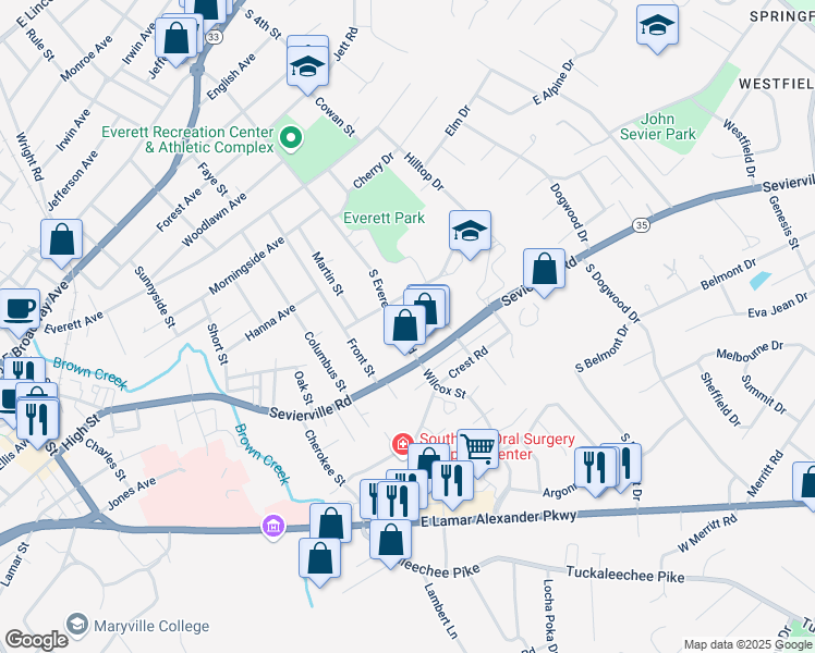 map of restaurants, bars, coffee shops, grocery stores, and more near 814 S Everett High Rd in Maryville