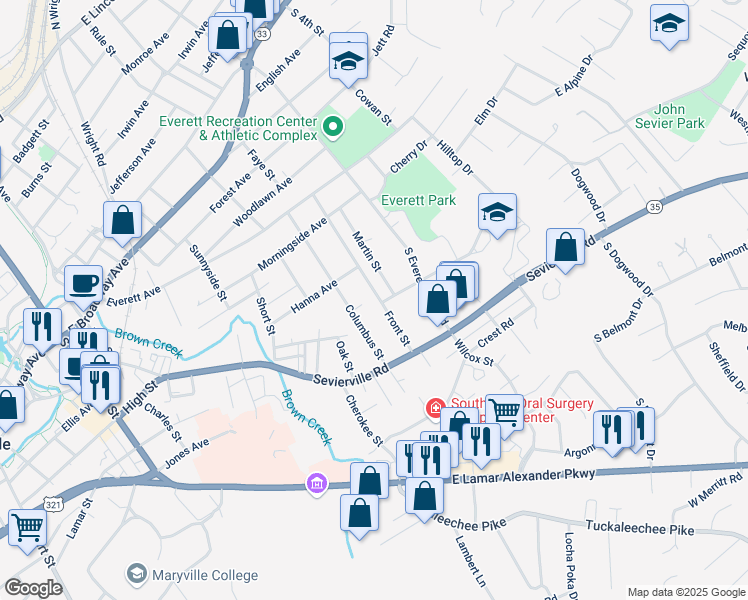 map of restaurants, bars, coffee shops, grocery stores, and more near 717 Front Street in Maryville