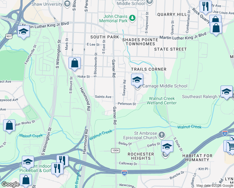 map of restaurants, bars, coffee shops, grocery stores, and more near 1439 Garner Road in Raleigh