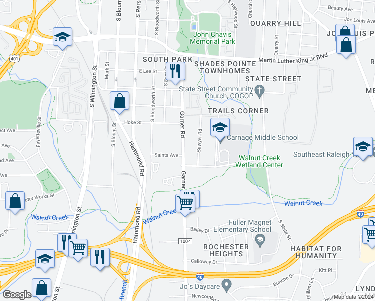 map of restaurants, bars, coffee shops, grocery stores, and more near 1439 Garner Road in Raleigh