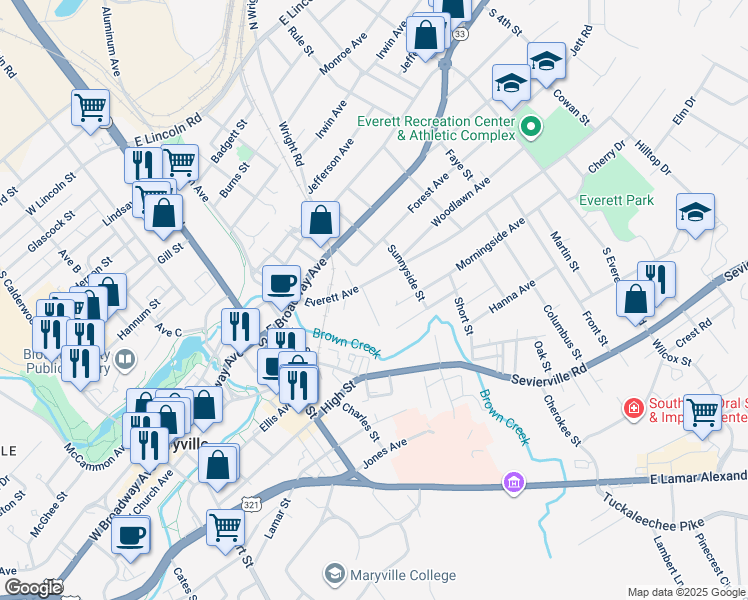 map of restaurants, bars, coffee shops, grocery stores, and more near 407 Keeble Street in Maryville