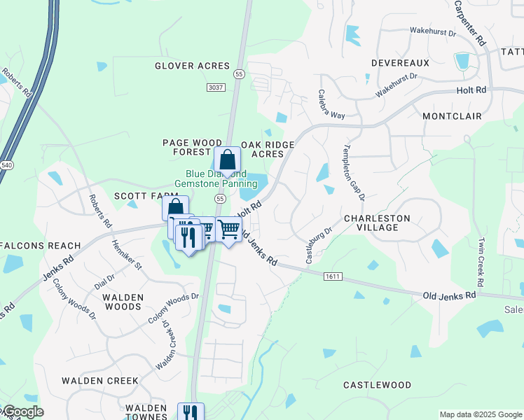 map of restaurants, bars, coffee shops, grocery stores, and more near 507 Wayland Grove Lane in Apex