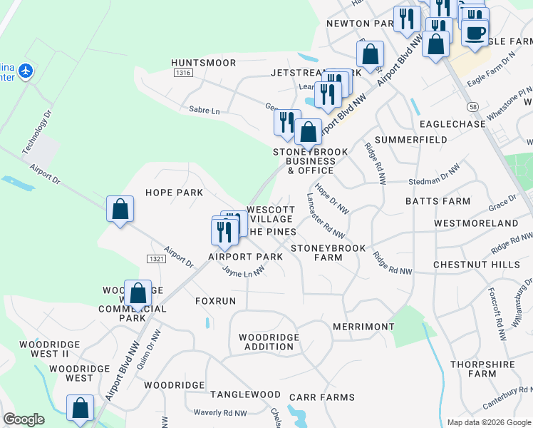 map of restaurants, bars, coffee shops, grocery stores, and more near 3519 Providence Lane Northwest in Wilson