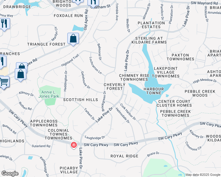 map of restaurants, bars, coffee shops, grocery stores, and more near 116 Tapestry Terrace in Cary