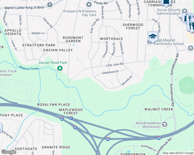 map of restaurants, bars, coffee shops, grocery stores, and more near 2800 Gladstone Drive in Raleigh