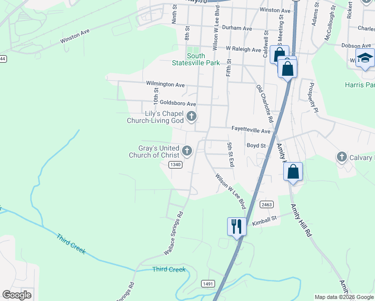 map of restaurants, bars, coffee shops, grocery stores, and more near 1709 Lynnwood Drive in Statesville