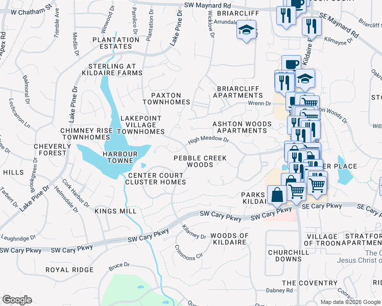map of restaurants, bars, coffee shops, grocery stores, and more near 101 Flora McDonald Lane in Cary