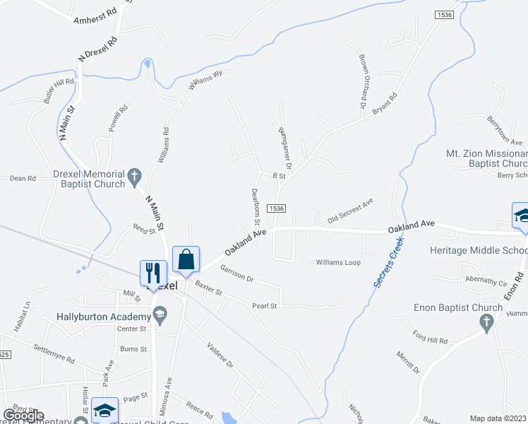 map of restaurants, bars, coffee shops, grocery stores, and more near 104 Dearborn Street in Morganton
