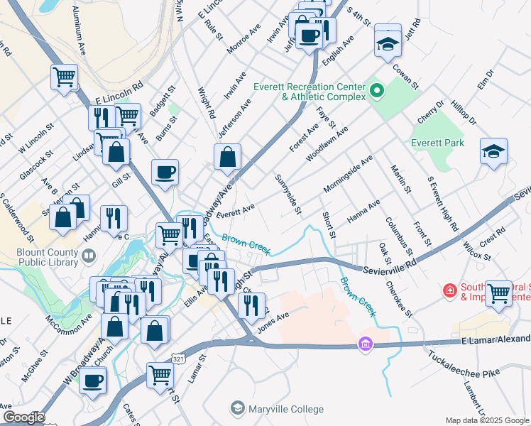 map of restaurants, bars, coffee shops, grocery stores, and more near 407 Keeble Street in Maryville
