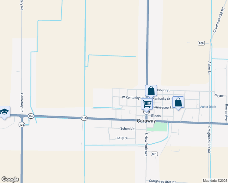 map of restaurants, bars, coffee shops, grocery stores, and more near 203 South Leigh Street in Caraway