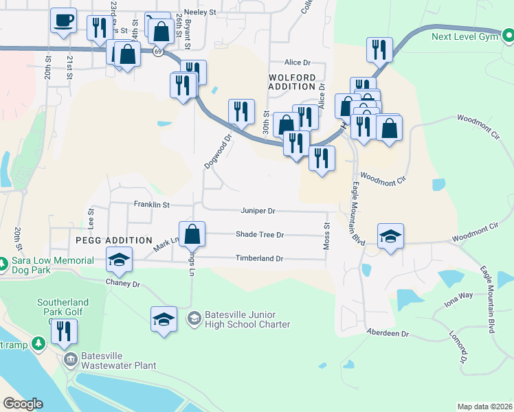 map of restaurants, bars, coffee shops, grocery stores, and more near 3025 Juniper Drive in Batesville