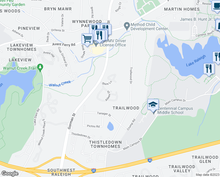 map of restaurants, bars, coffee shops, grocery stores, and more near 3105 Aileen Drive in Raleigh