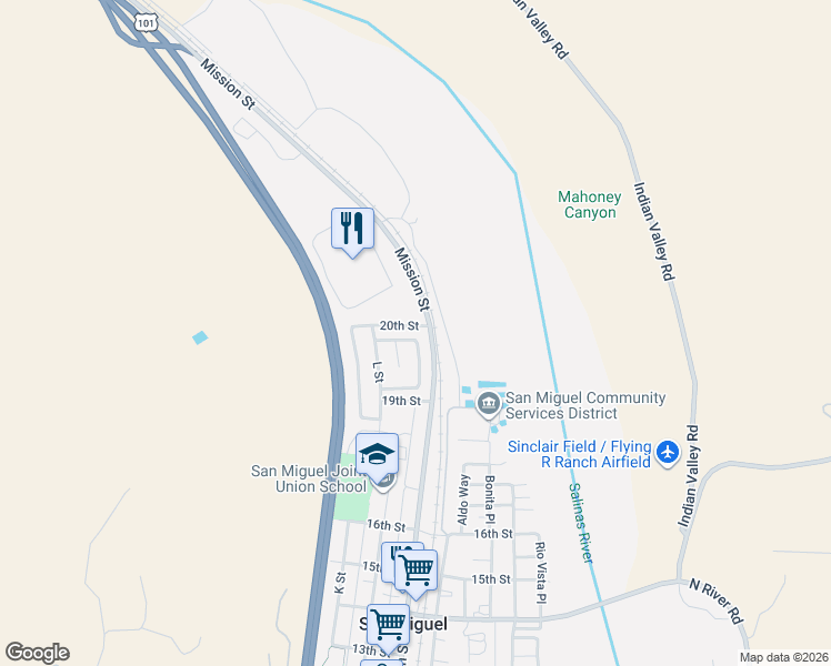 map of restaurants, bars, coffee shops, grocery stores, and more near 345 Ladrillos Way in San Miguel