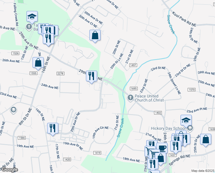 map of restaurants, bars, coffee shops, grocery stores, and more near 2010 29th Avenue Drive Northeast in Hickory