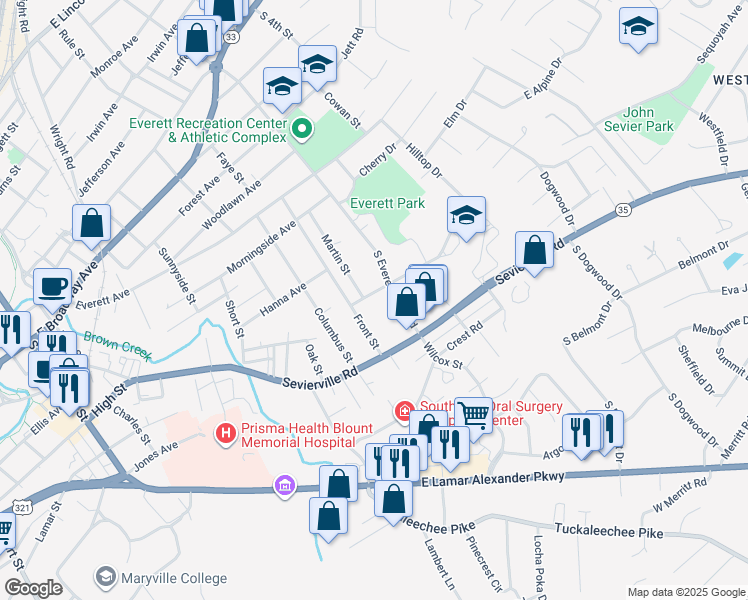 map of restaurants, bars, coffee shops, grocery stores, and more near 1708 Kittrell Avenue in Maryville