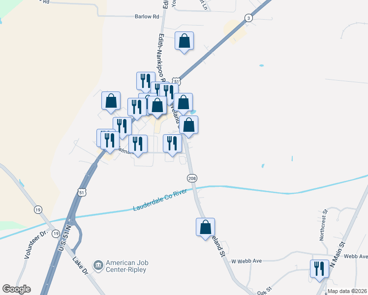 map of restaurants, bars, coffee shops, grocery stores, and more near 316 Cleveland St in Ripley