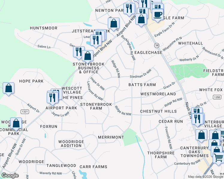 map of restaurants, bars, coffee shops, grocery stores, and more near 2803 Barkley Drive Northwest in Wilson