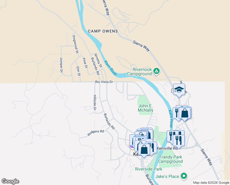 map of restaurants, bars, coffee shops, grocery stores, and more near 13 Cannell Drive in Kernville