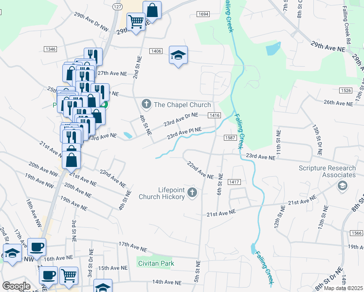 map of restaurants, bars, coffee shops, grocery stores, and more near 2223 4th Street Place Northeast in Hickory