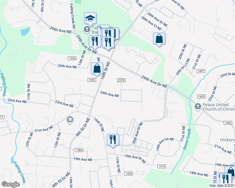 map of restaurants, bars, coffee shops, grocery stores, and more near 1671 24th Avenue Northeast in Hickory