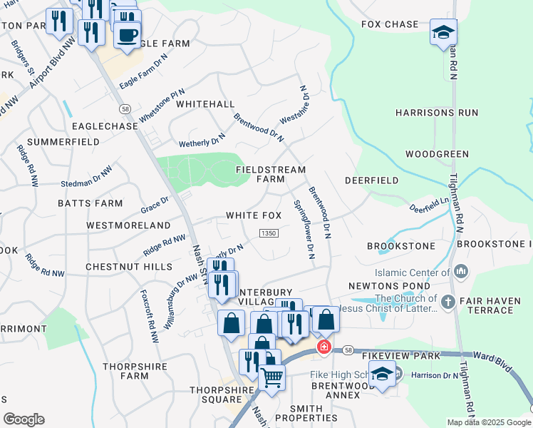 map of restaurants, bars, coffee shops, grocery stores, and more near 2908 Daffodil Drive North in Wilson