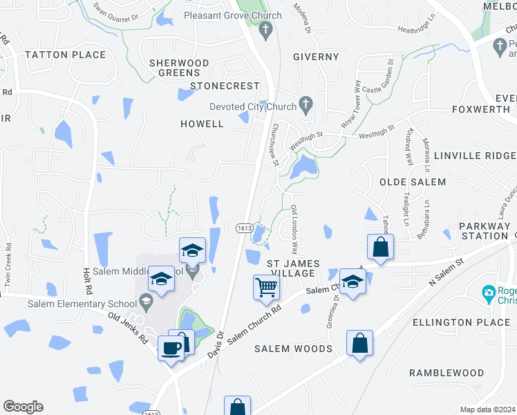 map of restaurants, bars, coffee shops, grocery stores, and more near 626 Abbey Hall Way in Cary