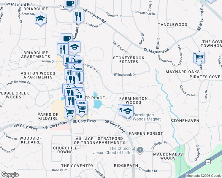 map of restaurants, bars, coffee shops, grocery stores, and more near 317 Farmington Woods Drive in Cary