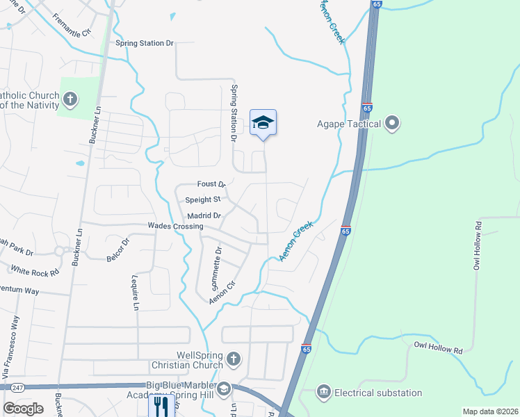 map of restaurants, bars, coffee shops, grocery stores, and more near 1002 Foust Court in Spring Hill