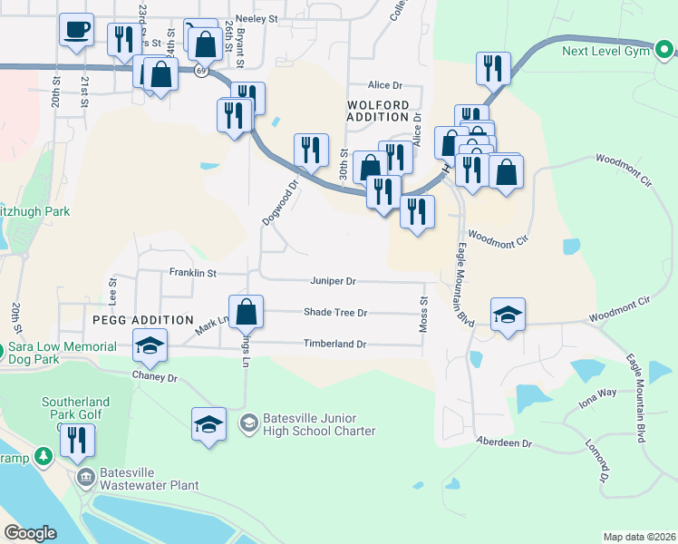 map of restaurants, bars, coffee shops, grocery stores, and more near 3025 Juniper Drive in Batesville