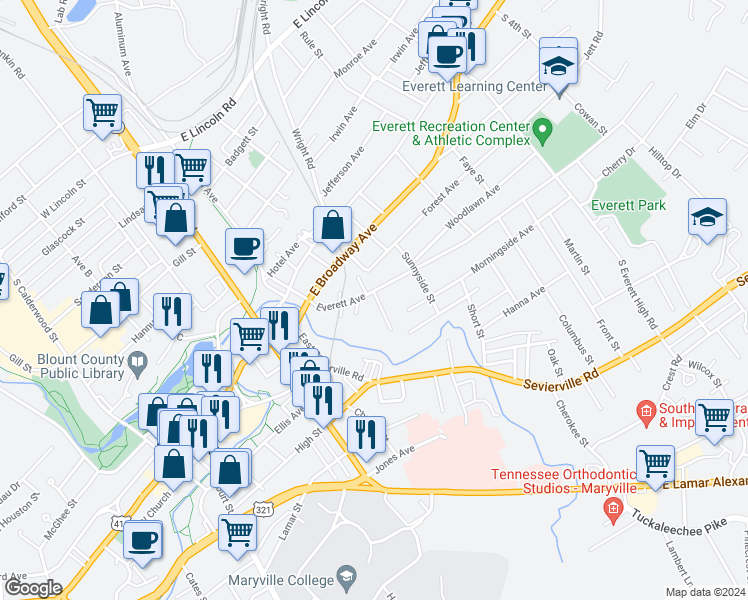 map of restaurants, bars, coffee shops, grocery stores, and more near 405 Keeble Street in Maryville