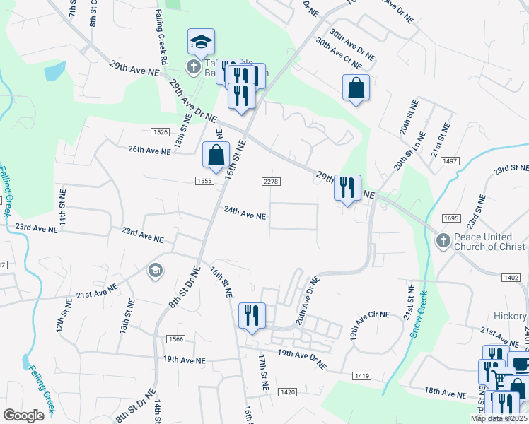 map of restaurants, bars, coffee shops, grocery stores, and more near 1671 24th Avenue Northeast in Hickory