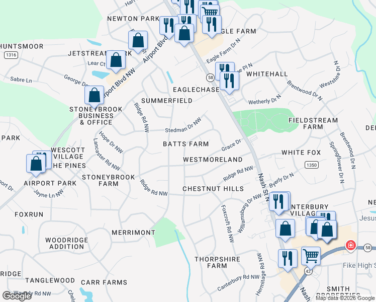 map of restaurants, bars, coffee shops, grocery stores, and more near 2804 Canal Drive Northwest in Wilson