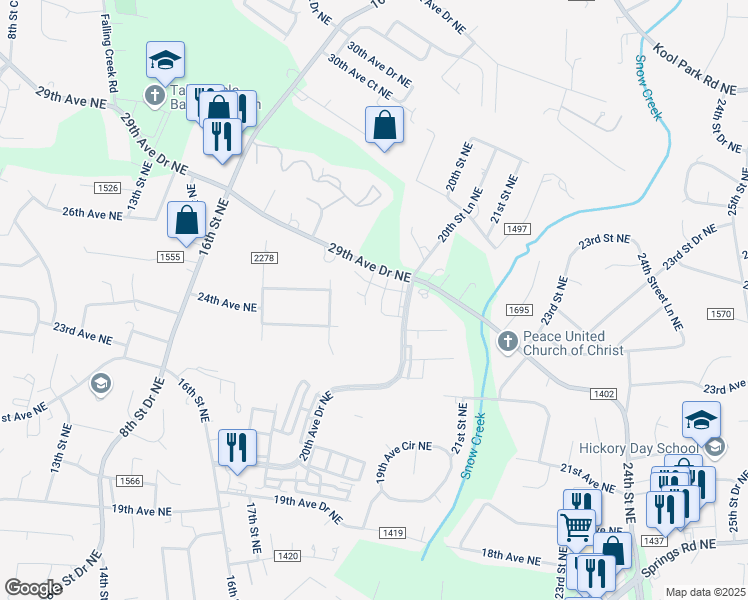 map of restaurants, bars, coffee shops, grocery stores, and more near 1941 20th Avenue Drive Northeast in Hickory