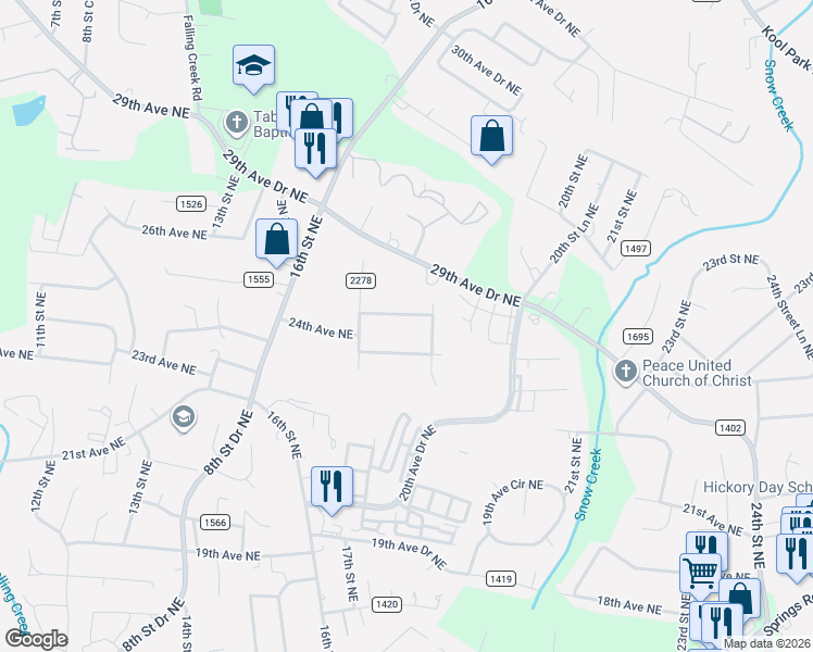 map of restaurants, bars, coffee shops, grocery stores, and more near 1750 24th Avenue Court Northeast in Hickory