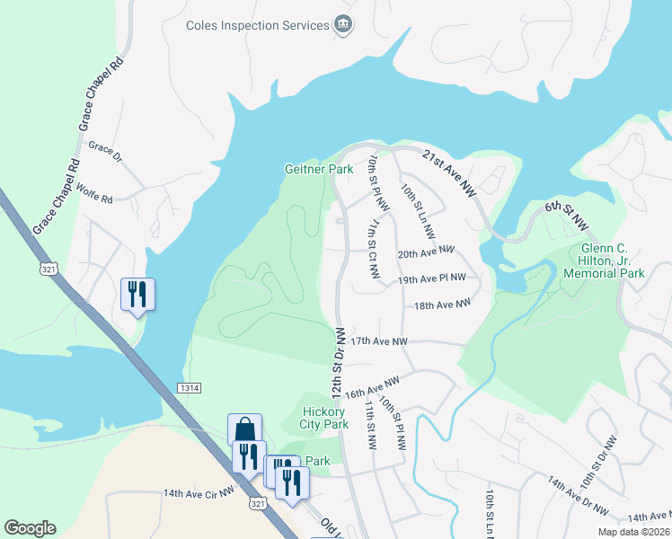 map of restaurants, bars, coffee shops, grocery stores, and more near 1092 19th Avenue Place Northwest in Hickory