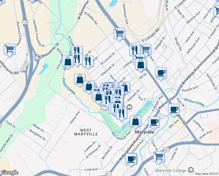 map of restaurants, bars, coffee shops, grocery stores, and more near 356 Sanderson Street in Alcoa