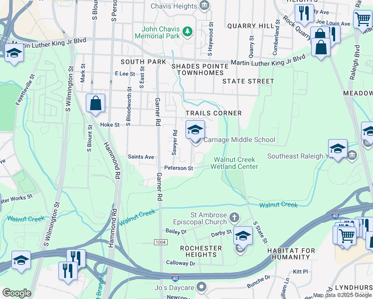 map of restaurants, bars, coffee shops, grocery stores, and more near 1438 Carnage Drive in Raleigh