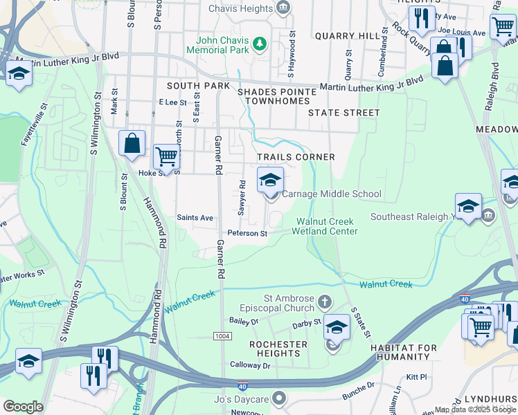 map of restaurants, bars, coffee shops, grocery stores, and more near 1438 Carnage Drive in Raleigh