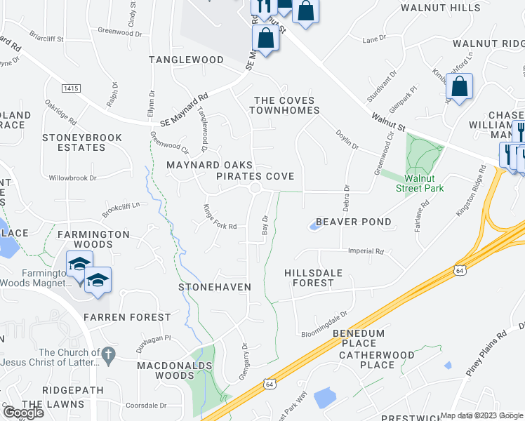 map of restaurants, bars, coffee shops, grocery stores, and more near 120 Bay Drive in Cary