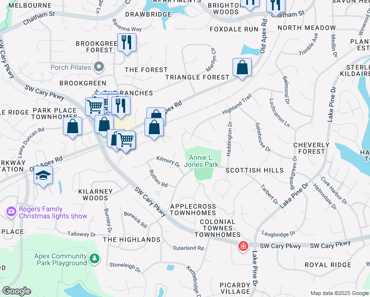 map of restaurants, bars, coffee shops, grocery stores, and more near 1416 Tarbert Drive in Cary