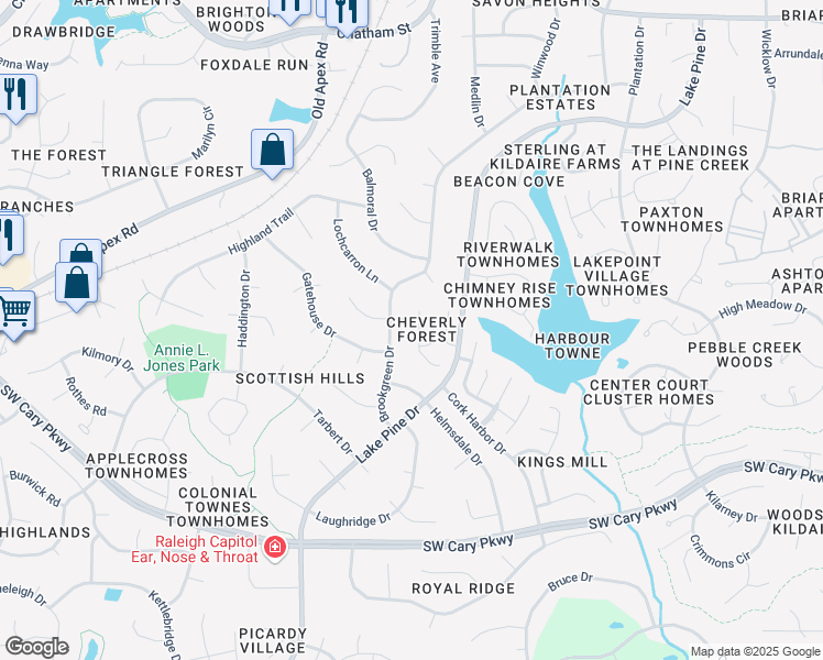 map of restaurants, bars, coffee shops, grocery stores, and more near 114 Tapestry Terrace in Cary
