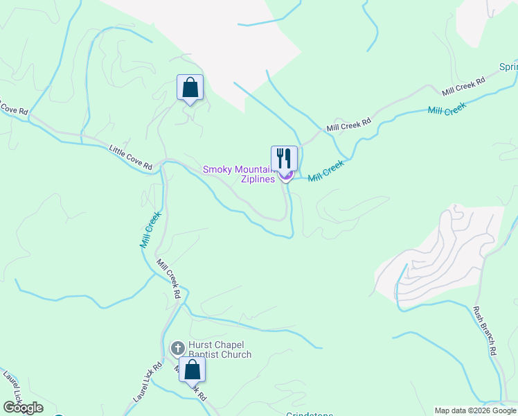 map of restaurants, bars, coffee shops, grocery stores, and more near 576 Mill Creek Road in Pigeon Forge