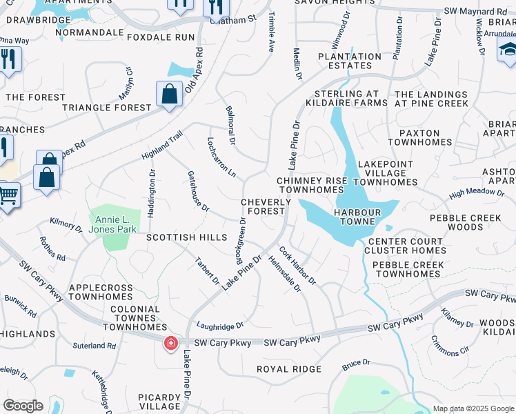map of restaurants, bars, coffee shops, grocery stores, and more near 114 Tapestry Terrace in Cary