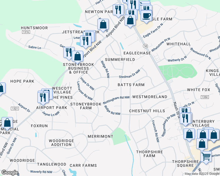 map of restaurants, bars, coffee shops, grocery stores, and more near 2800 Ridge Road Northwest in Wilson